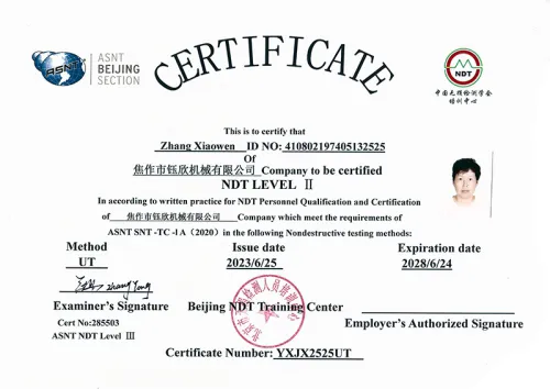 Ultrasonic and Magnetic Particle Inspection Certificates