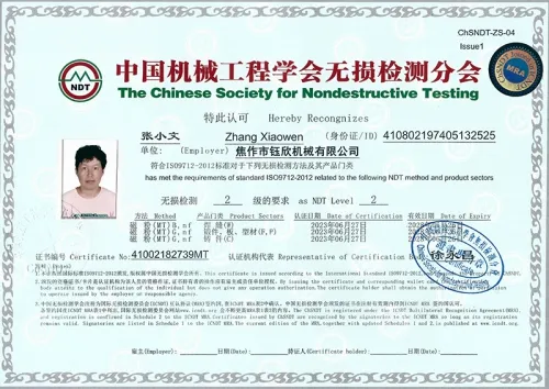 Ultrasonic and Magnetic Particle Inspection Certificates